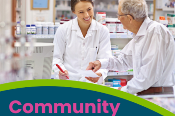 Image of a pharmacist and patient in a pharmacy setting. Words 'Community Pharmacy' written on a blue background