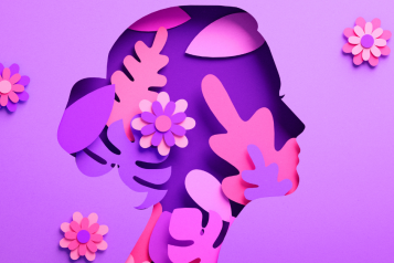 purple background with silhouette of a woman with flowers around her